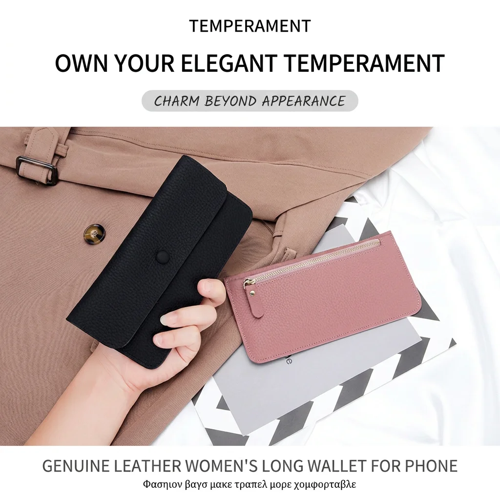 

Bifold Leather Wallet Spacious Women'S Long Wallet Phone Holder Wallet Versatile Genuine Leather Clutch For Evening Outings Work