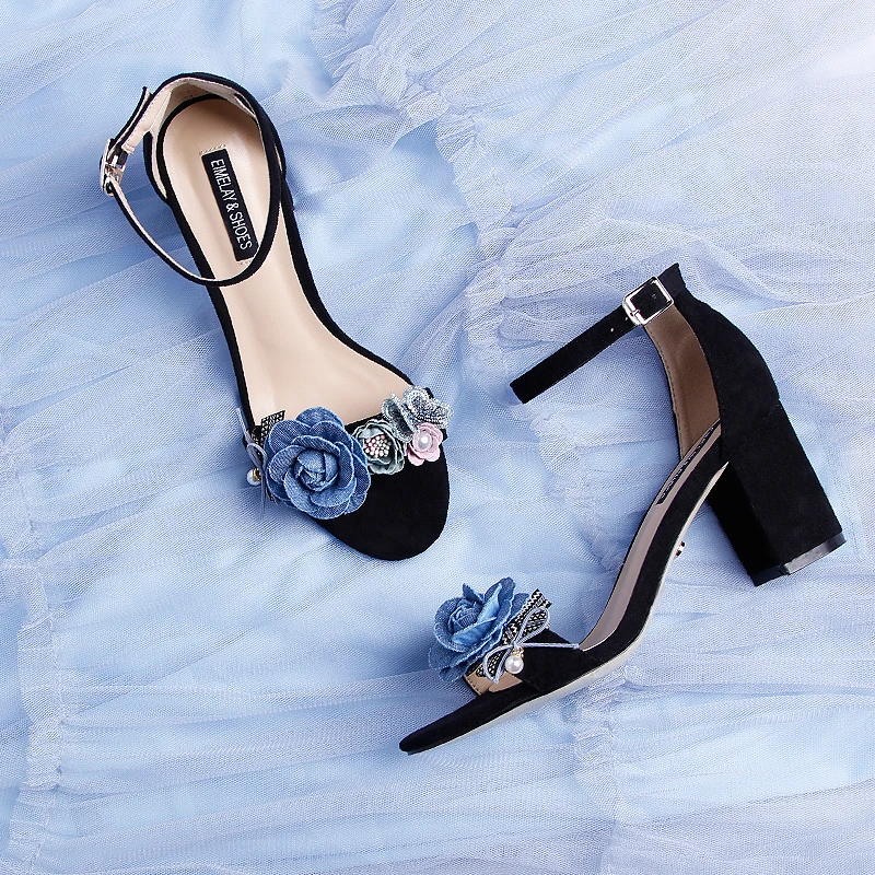 Black Suede Chunky Square Heel Sandals Blue Flower One-button Ankle Strap Female Summer Hollow Confortable Daily Wear Pumps