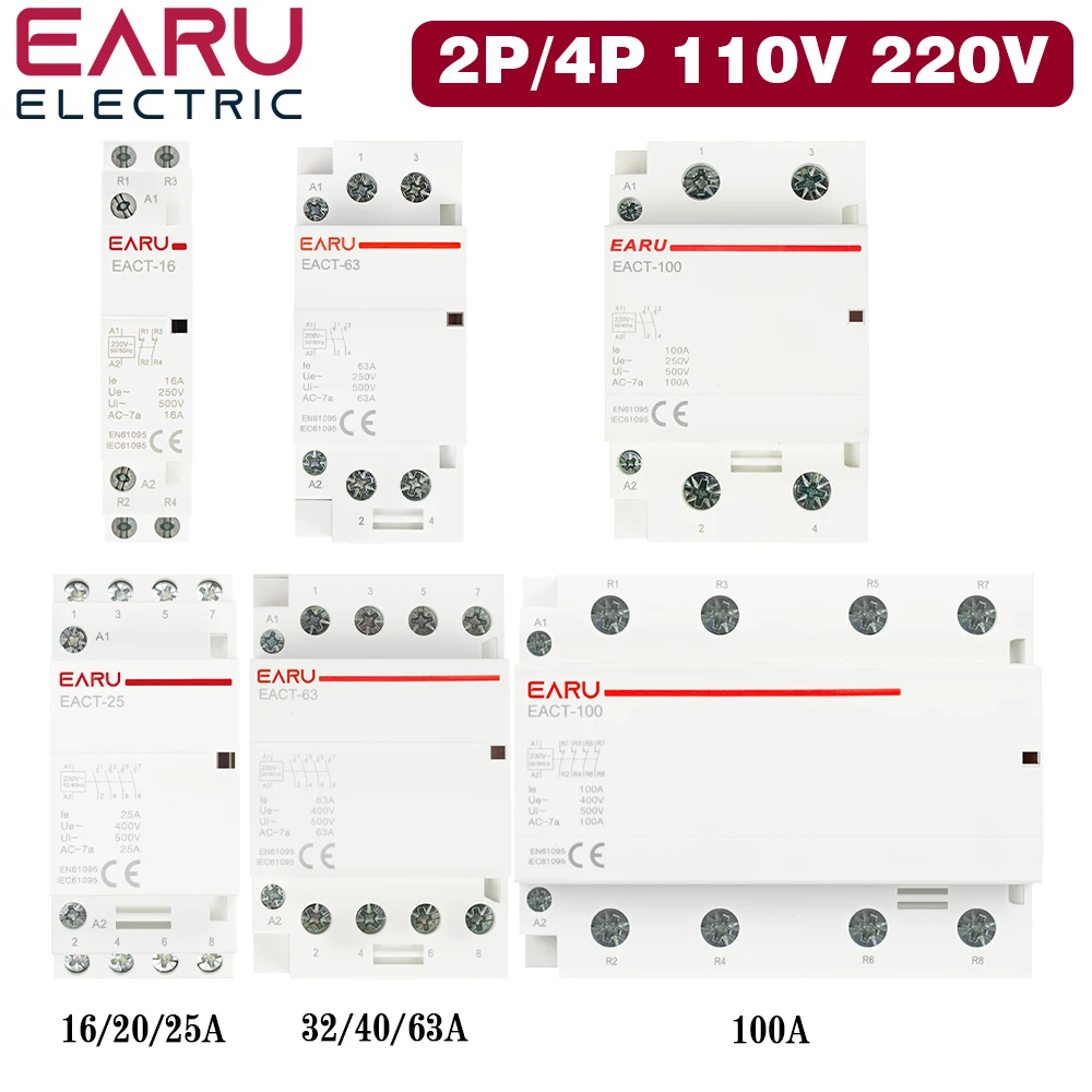 2P 4P 16-100A AC 110V 220V DC 12V 24V 50/60Hz Din Rail Household AC Modular Contactor Switch Controller DIY Smart Home Hotel