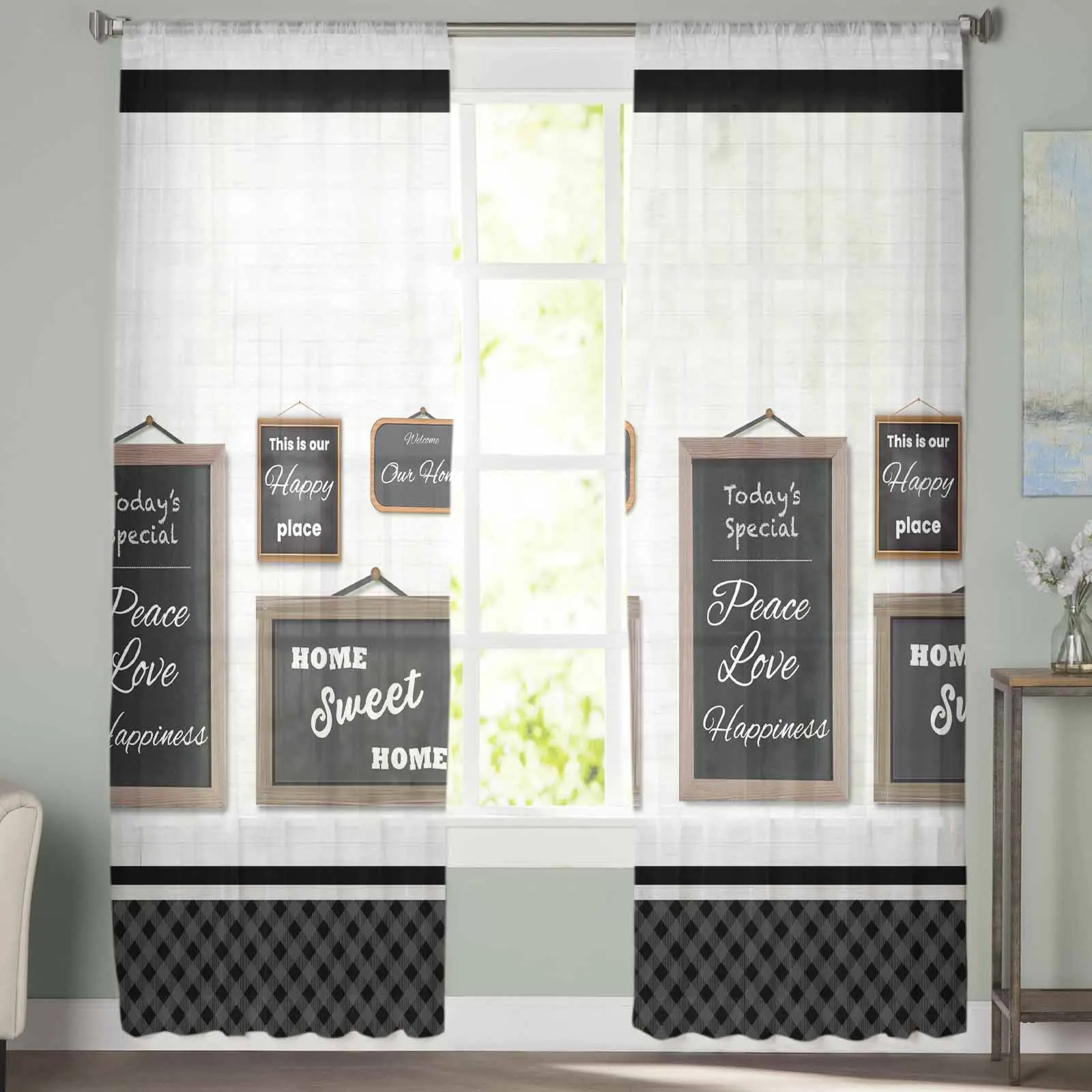 Plaque Blackboard Quotations Triangle Tulle Sheer Window Curtains For Living Room Kitchen Children Bedroom Voile Hanging Curtain