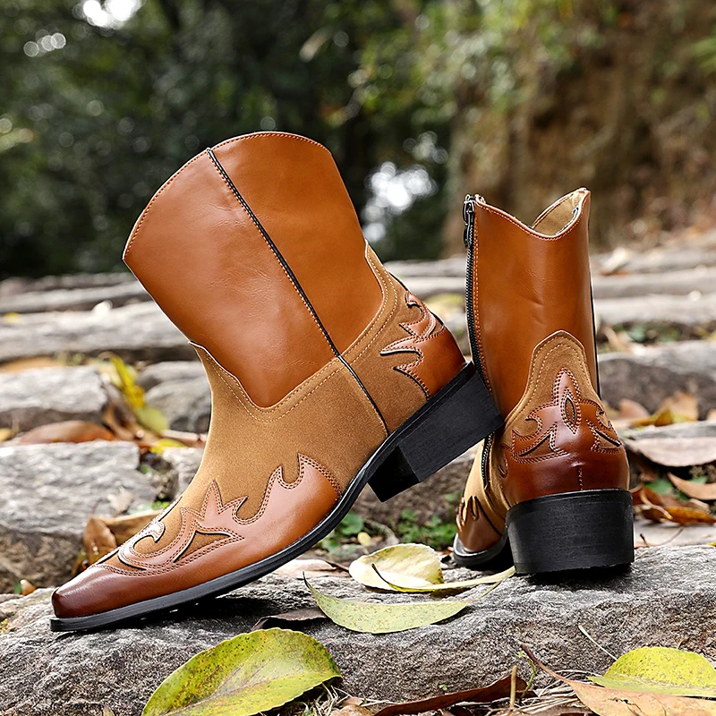 

2026 Western Cowboy Boots for Men Women Plus Size 38-46 Embroidery Design Pointed Shoes Men's Ankle Boots Unisex Leather Boots