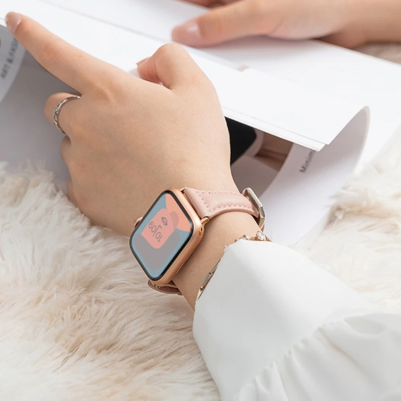 Correa de cuero delgada para Apple Watch 10 46mm 42 44 40 38 45 41mm ultra 2 49mm pulsera iWatch serie 10 9 8 7 6 SE 5 4 Correa