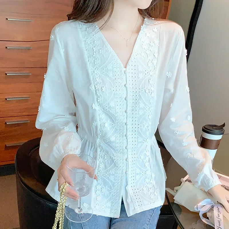 Camisa blanca con cuello en V Para Mujer, Blusa de manga larga bordada, Blusas a la moda, M162