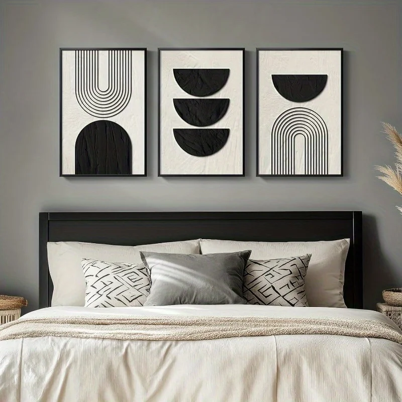Toile d'art mural moderne bohème Beige imprimé, image géométrique noire, décor mural abstrait noir et blanc, adapté à L, 3 pièces