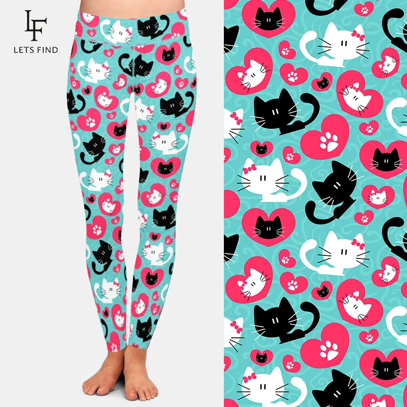 LETSFIND Leggings da donna a vita alta alta Quaility 3D Cute Cats Print Leggings elastici per il Fitness con stampa in seta di latte