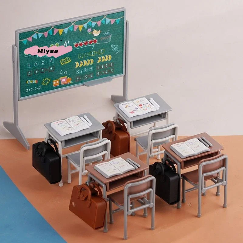 Mini School Desk Set with Chalkboard Chair And Schoolbags for Dollhouse Furniture Decor Classroom Accessory Model for DollHouses