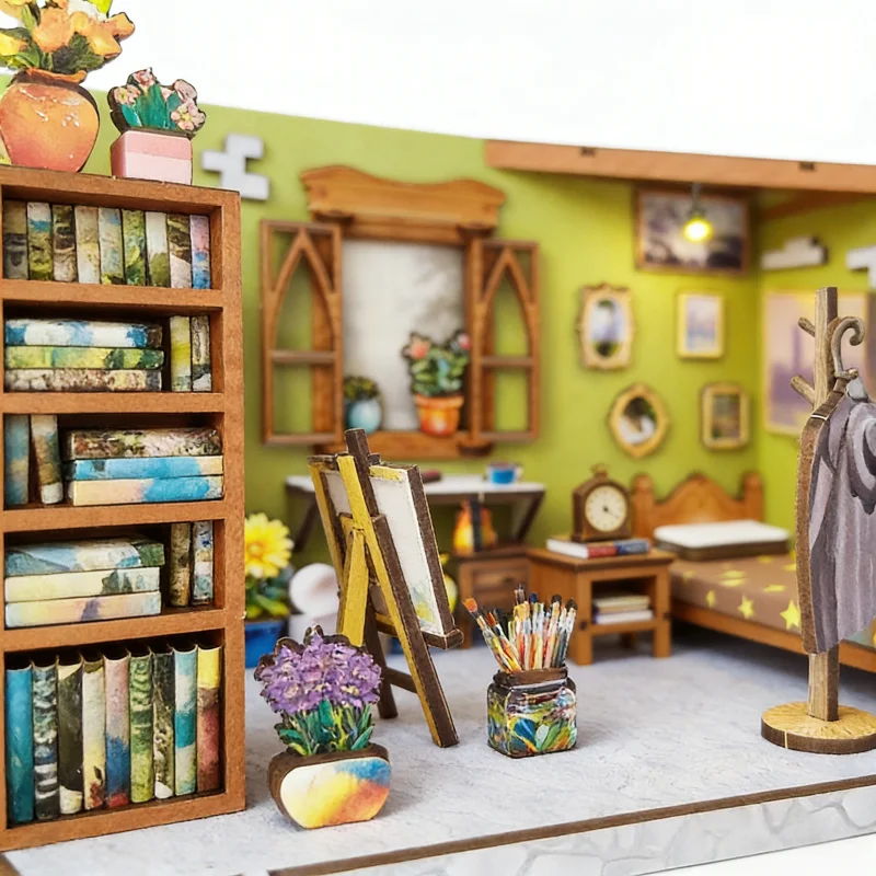 OUZEY Impressionist Art Studio DIY، غرفة خشبية مصغرة ثلاثية الأبعاد، مجموعة أدوات رسام Atelier للمراهقين #2