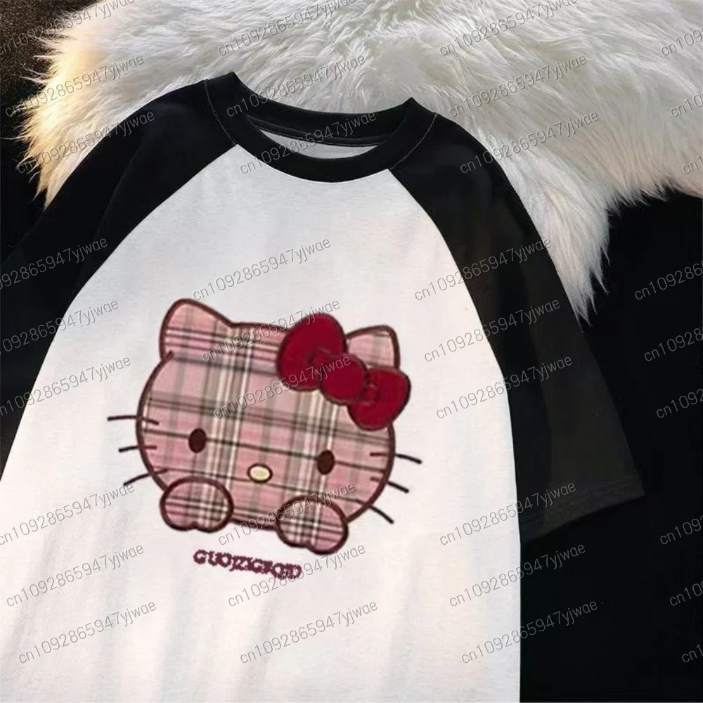 2025 Women Polyester Hello Kitty Graphic Academic Atmosphere Print T-Shirt Top Women Fashion Summer Y2k Couple Print T-Shirt