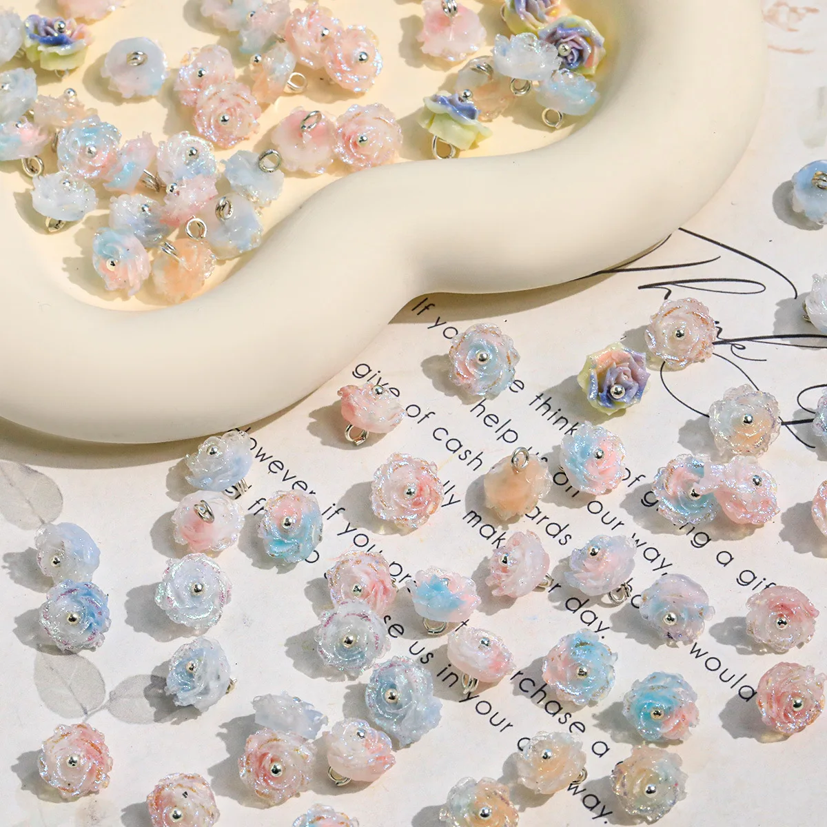 10PCS 9mm Mini Pastel Shiny Flower Rose Pendants Dangle Charms for Handmade Bag Decor, Hair Accessories Craft Beading Projects