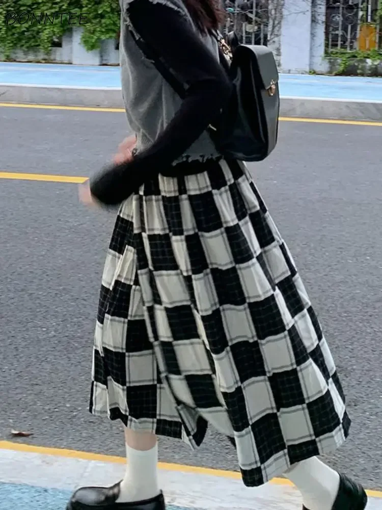 Skirts Women Summer Plaid Midi Baggy A-line Chic Retro High Waist Students Young Stylish Ulzzang All-match Fashion Female Cozy