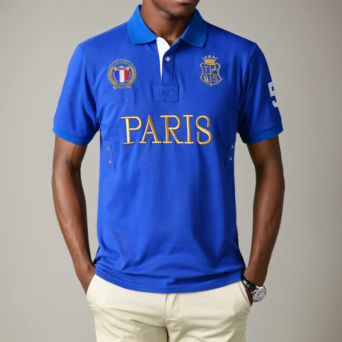 

Men's polo shirt blue Paris Royal short casual sport party high-end cotton embroidery luxury contrast color original design