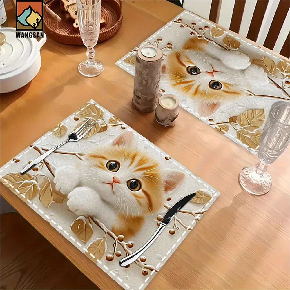 2pc Cute Cat With Golden Leaves And Berries Pattern Placemat Machine Washable Rectangular Polyester Table ProtectorHeatInsulatin