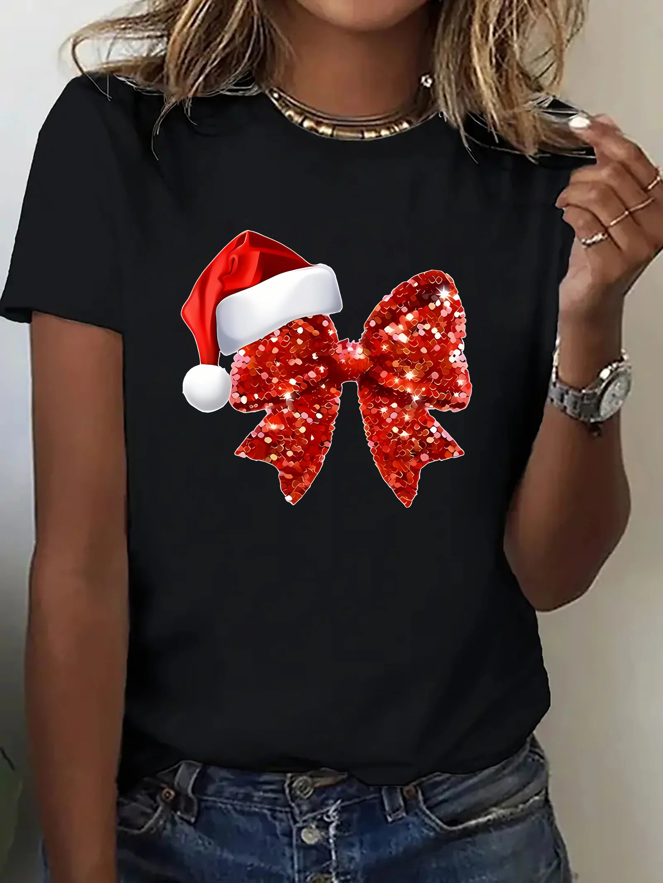 Cotton 100% Women O Neck T Shirt Sequin Bow Santa Hat Print Short Sleeve Casual Ladies Christmas Holiday Fashion Tees Tops