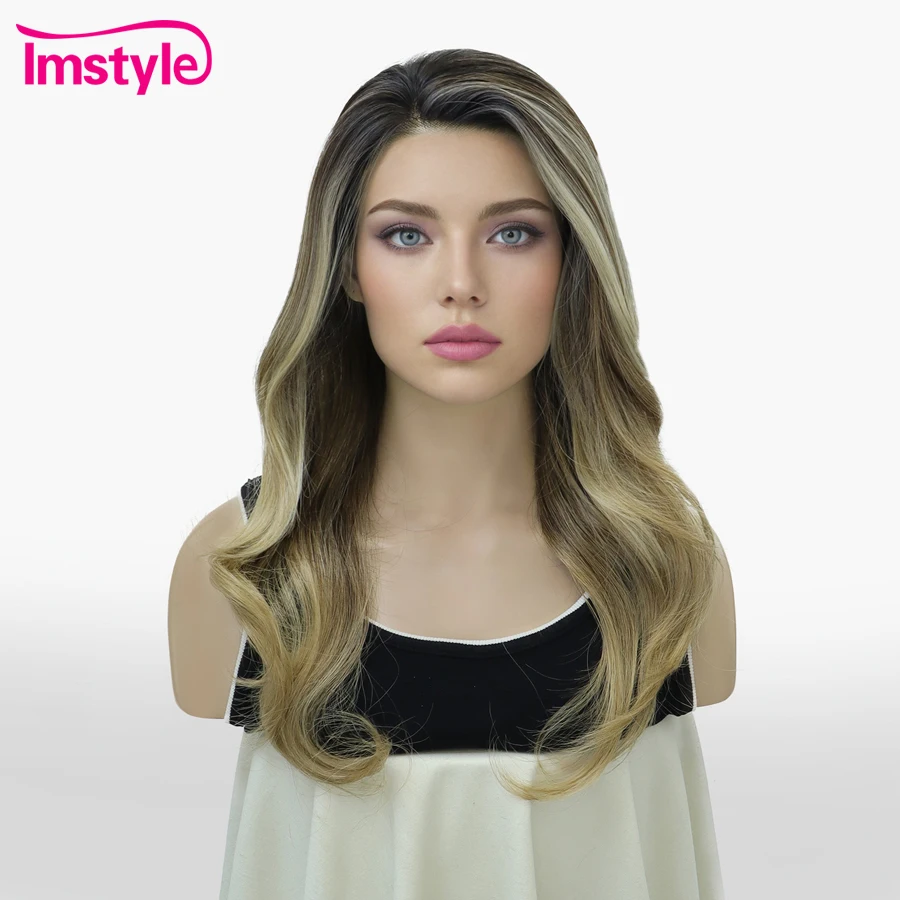 Imstyle 13x4 Lace Front Synthetic Wig for Women Long Wavy Ombre Ash Blonde Wig Heat Resistant Fiber Natural Hairline Daily Wig