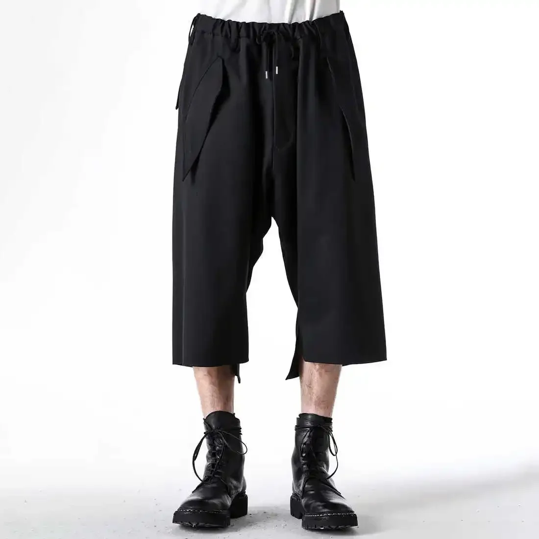 

YOJI OOAK straight leg cropped pants with loose black hem, short front and long back, wool casual pants, simple and trendy for m