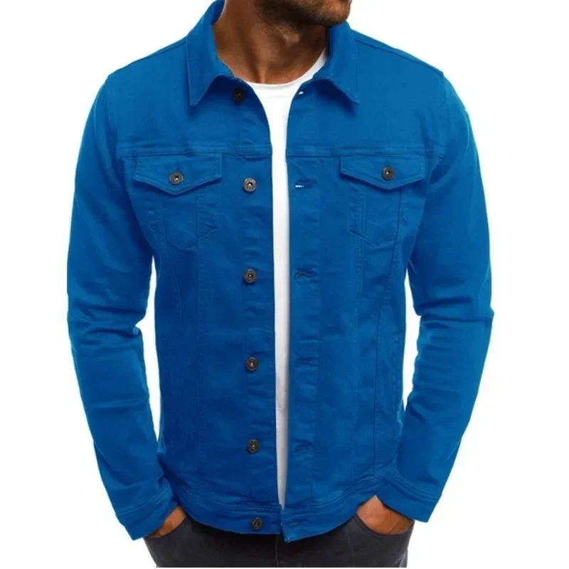 2026 new men's solid color denim jacket single breasted lapel slim fit long sleeved denim jacket men's casual jacket