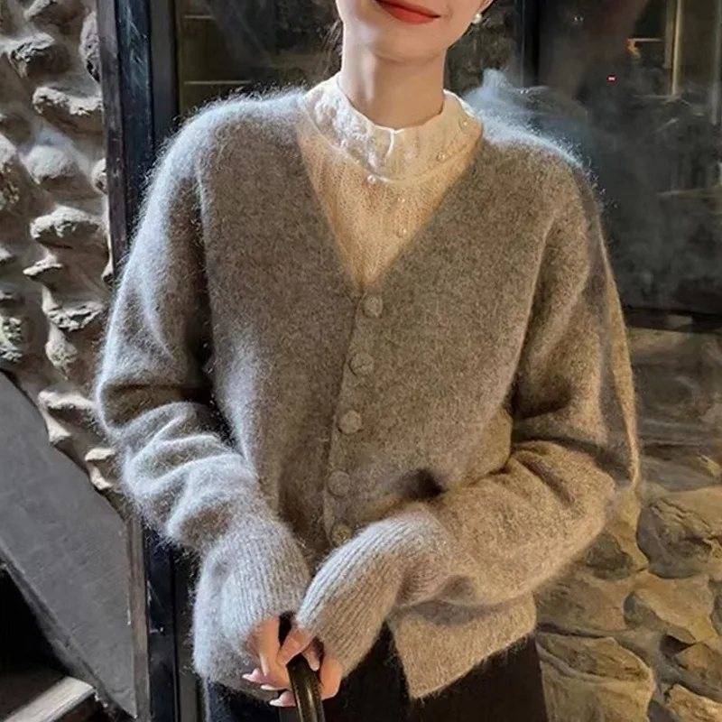 Women's Spring Autumn Knit Sweater Button V-neck Waist Long Sleeve Slim Versatile Casual Design Vintage Niche Thin Fashion Soft