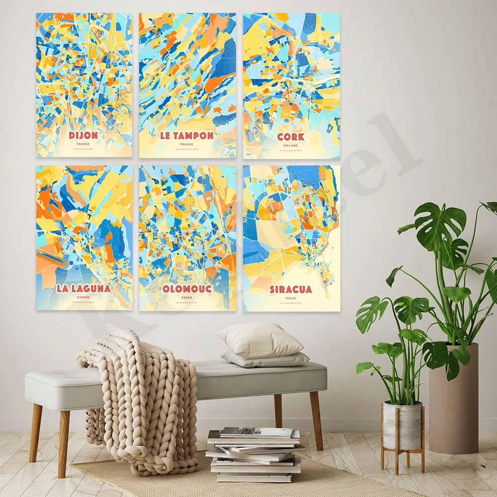 Valladolid Mulhouse Limassol Syracuse Olomouc Laguna San Blas Dijon Cork Valencia. City Color Map. Home Wall Decor Art Poster