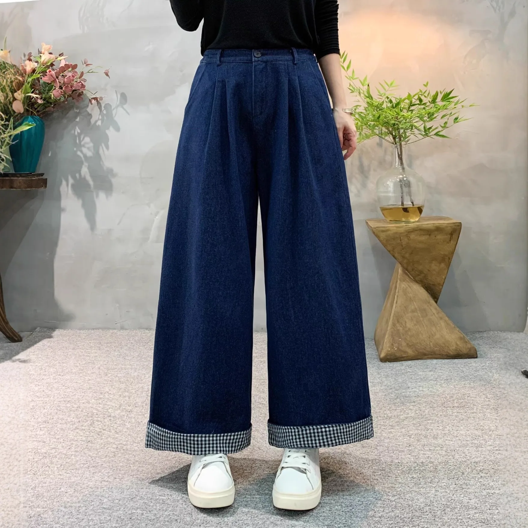 

XXXXL модные женские джинсы больших размеров, новые повседневные джинсовые брюки в клетку с закатанным подолом, осень 1395