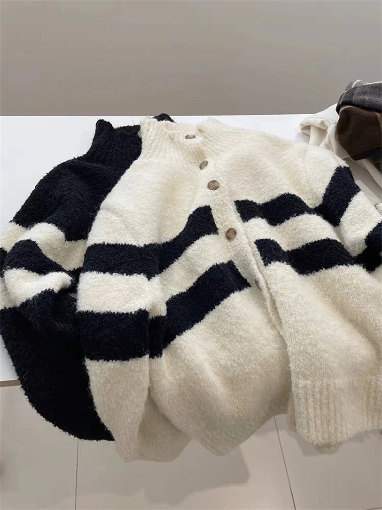 

Новые модные зимние свободные женские свитера в полоску с принтом, вязаные пуговицы, пальто-кардиган, осенняя повседневная офисная женская трикотажная одежда
