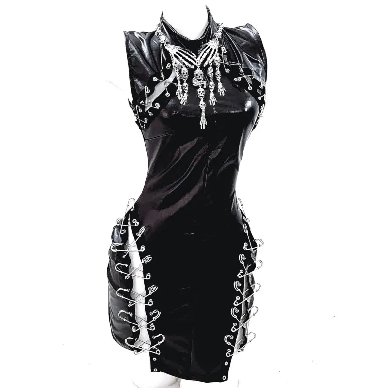 

Dark Gothic Style Punk Nightclub Wear Black Subculture Stitching Cut Pu Leather Turtleneck Sleeveless Dress