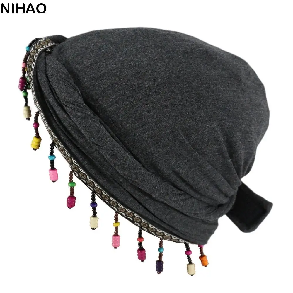 

Elastic Colorful Beaded Headscarf Hijab Ethnic Style Printed Tail Turban Brimless Beanie Hat Breathable Pre-tie Head Wraps