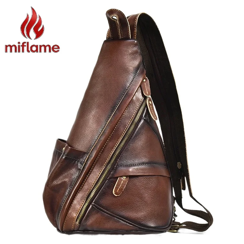 

Men's Vintage Genuine Leather Chest Bag Vegetable Tanned Multi-function Crossbody Shoulder Sling Bag Travel Work