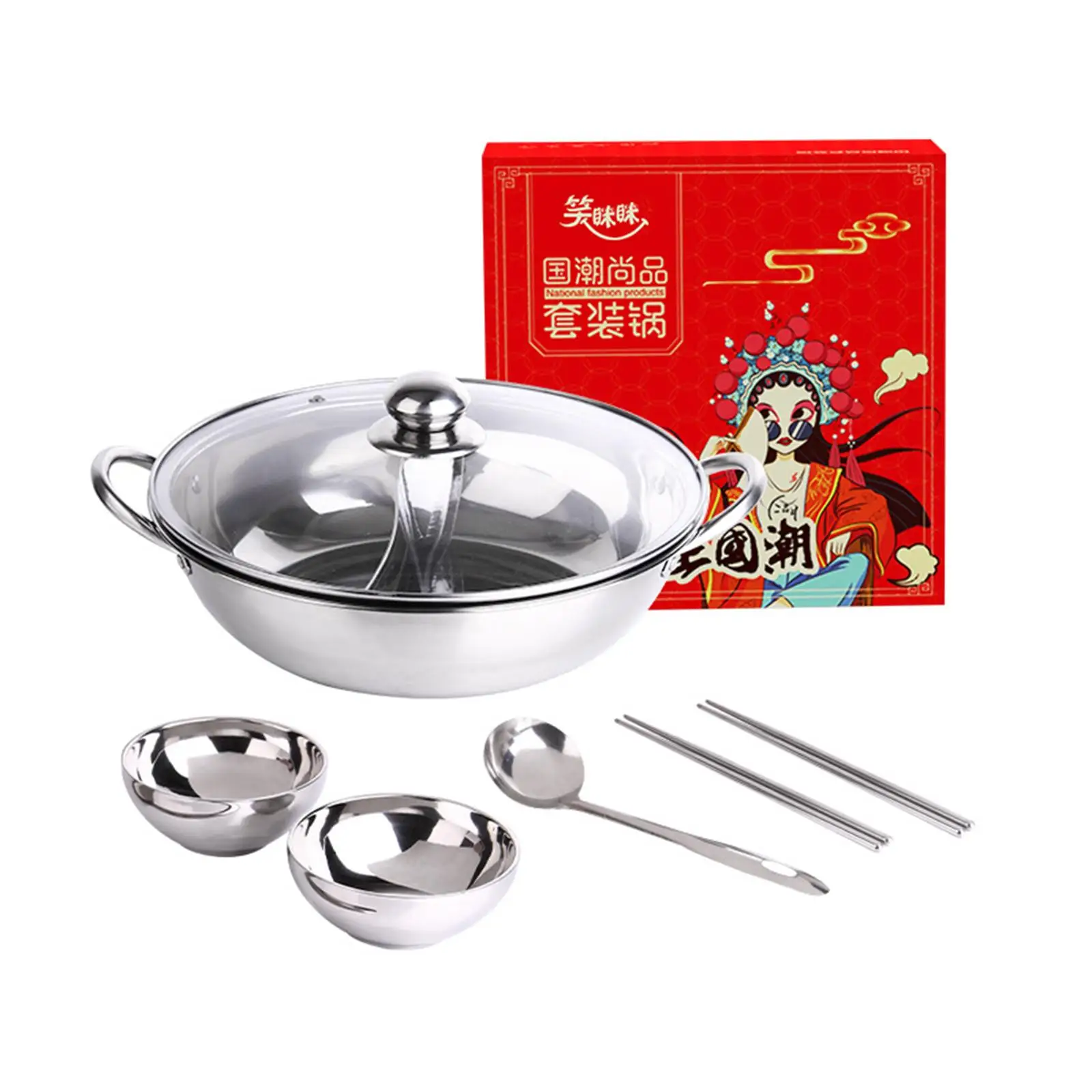 Stainless Steel Double Sided Professional Soup Pot with Bowls, and Chopsticks