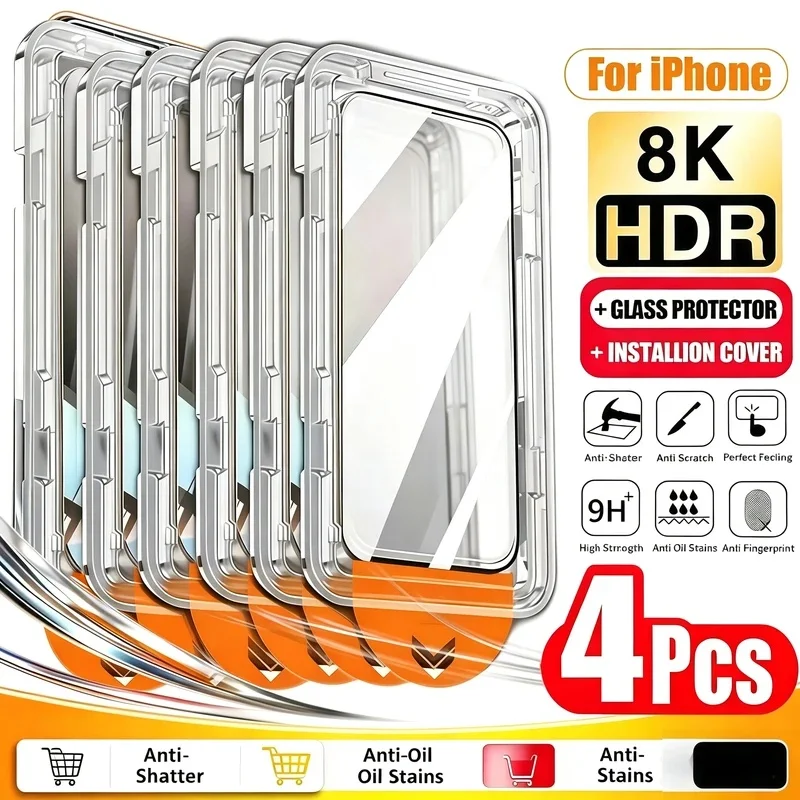4PCS HD Tempered Glass For IPhone 18 Pro Max 17 16 15 14 13 12 11 Pro Air X XS Max XR 8 Plus One Click Install Screen Protect 04