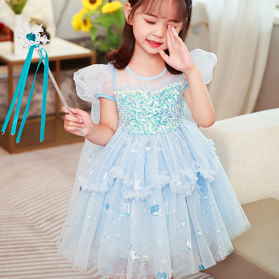 Disney Girls Elsa Princess Dress for manica lunga Kids Birthday Cosplay Frozen Costume Fancy 2024 Carnival Dress Up Party Costume