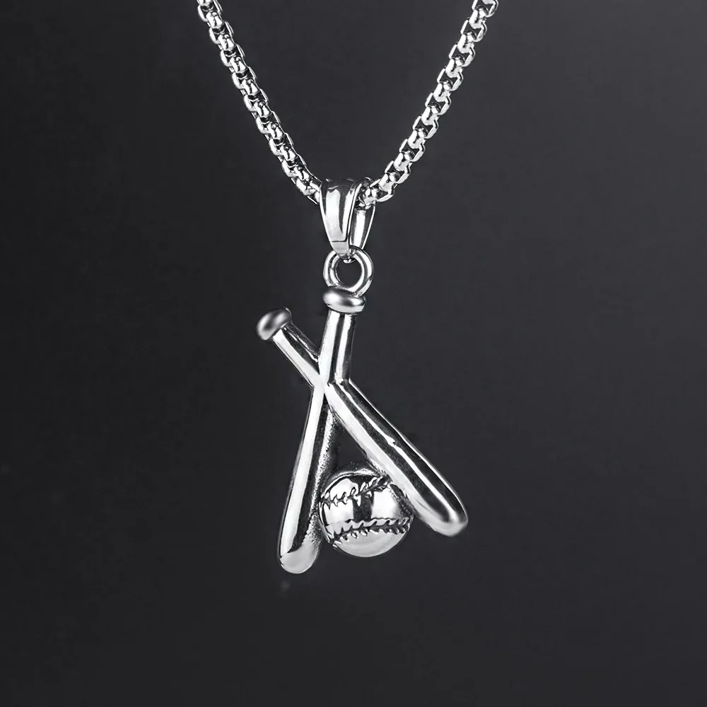 New Fashion Double Baseball Bat Boutique Necklace Pendant Long Stainless Steel Chain Men Women