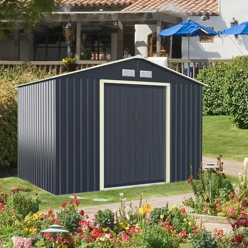 9x6 FT Outdoor Storage Shed, Galvanized Steel Garden Shed w/Double Sliding Doors & Air Vent for Lawnmower Tool Bike