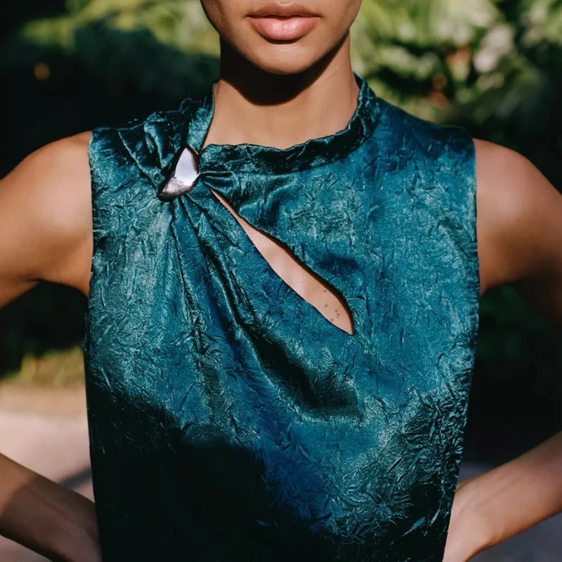 Spring 2025 Women's Gold Embellied Silk Satin Midi Dr Street Sle Svel round Ne Single Piece Polyester Fiber