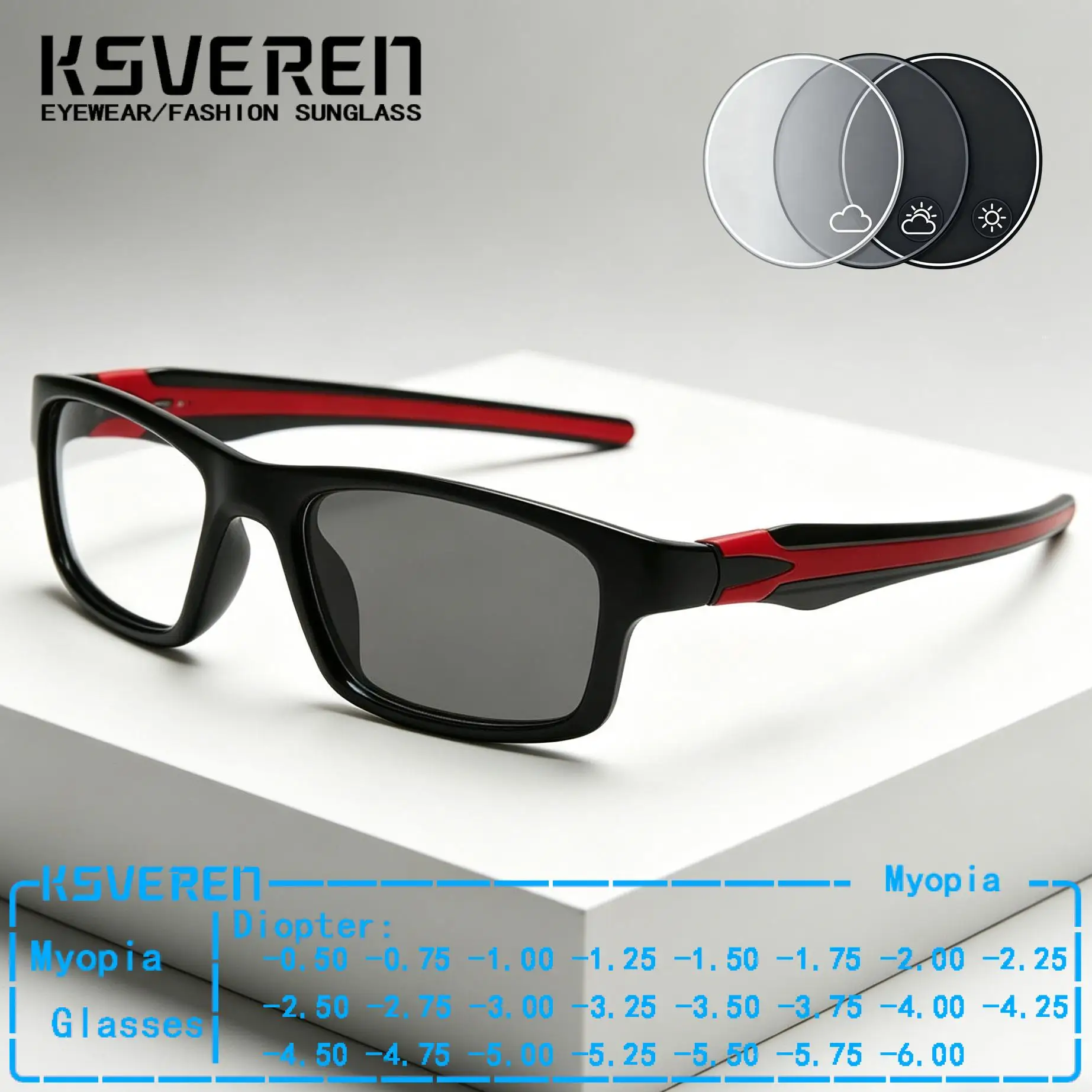 

Black Square Photochromic Myopia Glasses Men Women Sport Prescription Nearsighted Eyewear Sun Color Changing Driving Eyeglasses