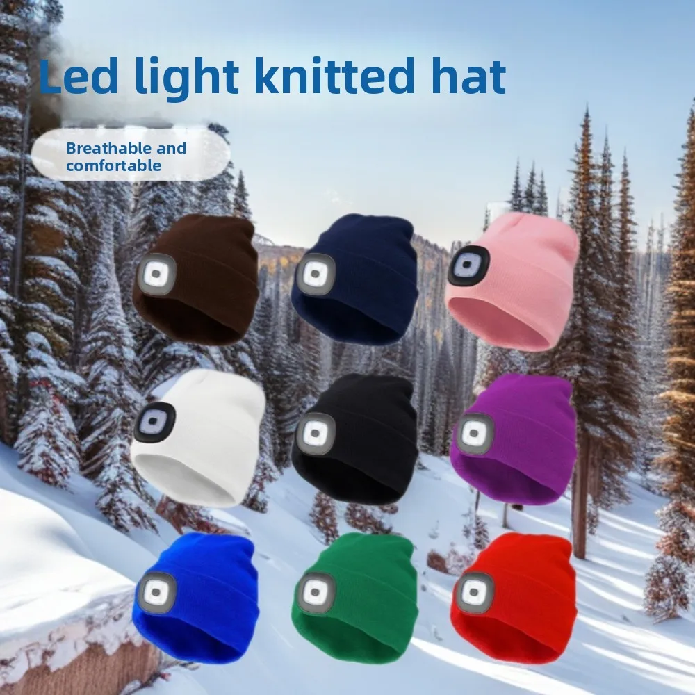 Adult Comfortable LED Button Light Knitted Hat with Large Brim - Portable Illuminated Headgear for Outdoor Fishing & Sports