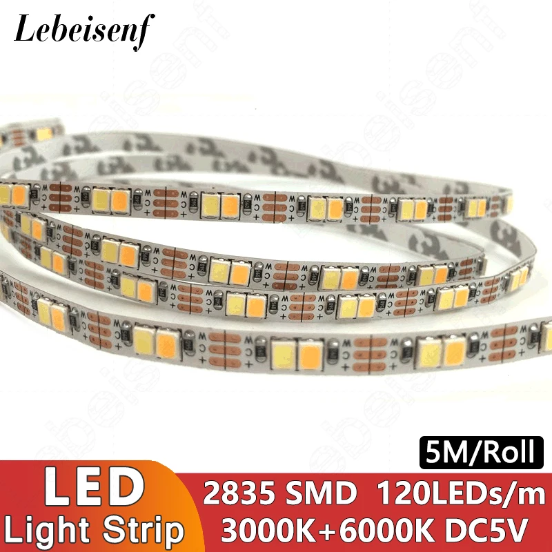 120 leds/m 5m podwójny kolor SMD2835 CCT możliwość ściemniania 5V DC WW CW regulacja temperatury barwowej elastyczna 5MM wąska taśma LED taśma