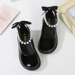 Zapatos de cuero brillante para niña, zapatillas de princesa con lazo trasero y abalorios, color negro sólido, para baile escolar, Mary Janes, novedad de otoño