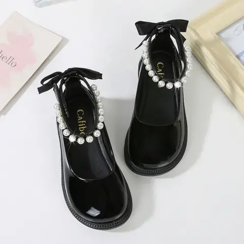 New Autumn Girl Glossy Leather Shoes Children Princess Back Bowknot Beading Single Shoes Kid School Solid Black Dance Mary Janes