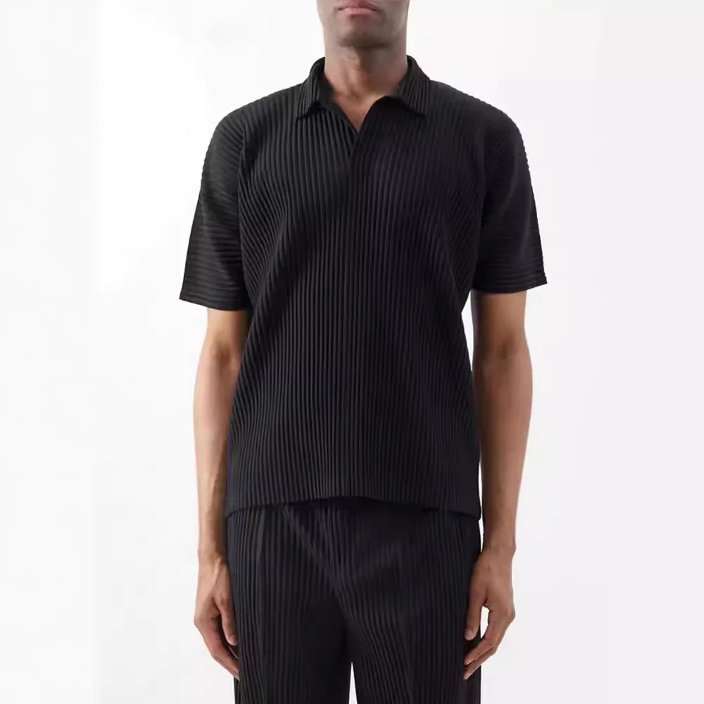 MIYAKE pleated blouse with loose lapel, versatile casual short-sleeved t-shirt, POLO shirt, trendy for men