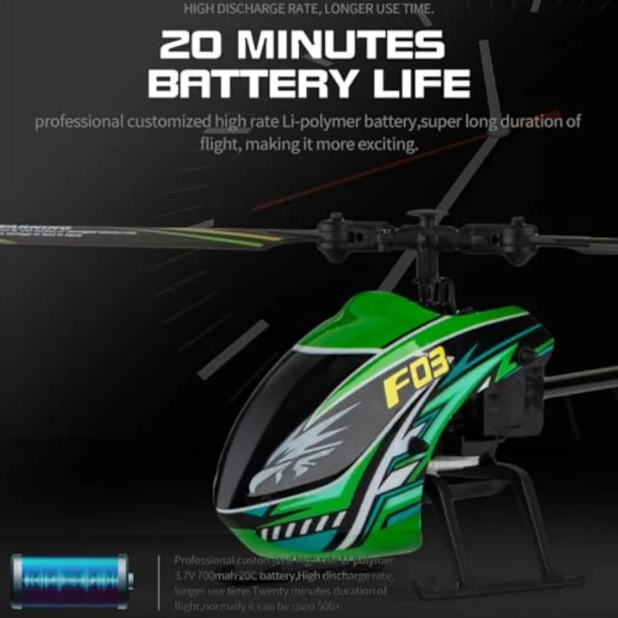 F03 RC Helicopter for beginner RTF use, ABS plastic body, green color, 4-channel 2.4GHz remote control with 6-axis gyro, altitu