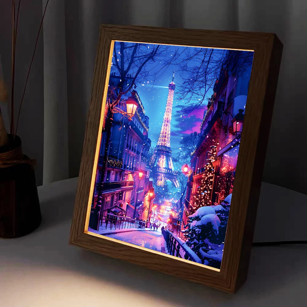 USB Plug Dimming LED Beautiful City Night Scene Lights with High-Definition Pictures, Wooden Frame Home Decoration Lights