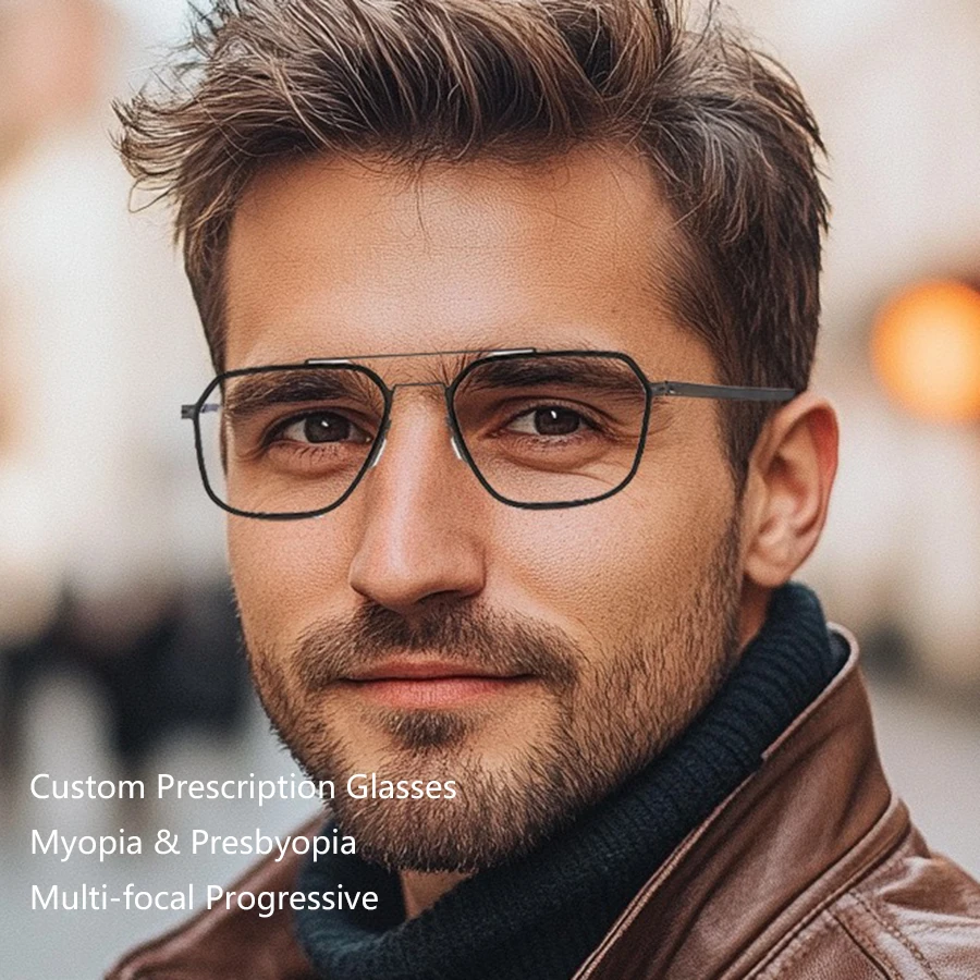 

Custom Prescription Glasses Men Square Metal Frame Photochromic Anti-Blue Light Myopia Lens Multi-Focal Progressive Eyeglasses