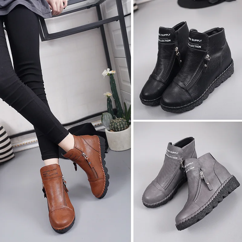 Women Leather Short Boots Ladies Flat Thick-sole Shoes British Style Letter Print Waterproof Sewing Wear Resistant For Business