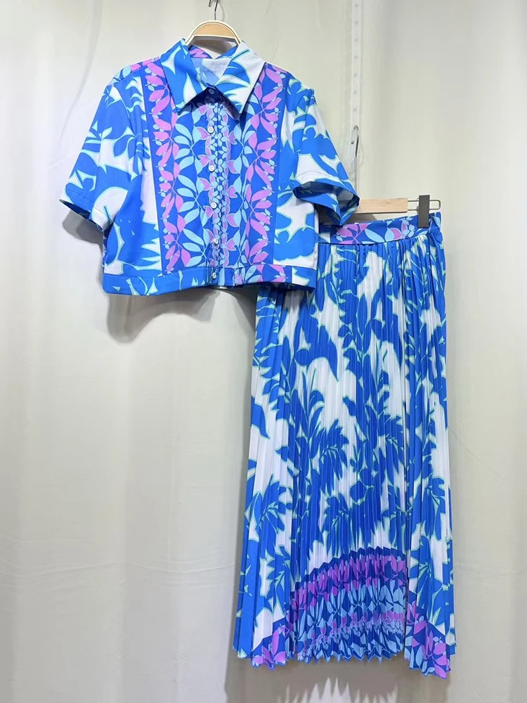 

Retro geometric print shirt two-piece set for 2025 summer women's wear + loose and pleated skirt with a tight waist fashion set