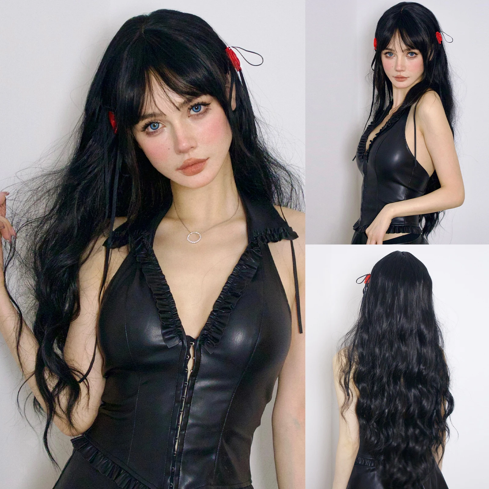 Czarne długie kręcone syntetyczne peruki z grzywką Body Wave Codzienna peruka z naturalnych włosów dla kobiet Cosplay Party Peruka termoodporna dla