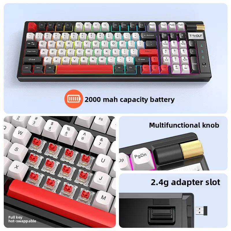 T-WOLF T70 Wireless Mechanical Keyboard, Tri-Mode Bluetooth 5.0 2.4G USB-C Hot Swappable Red Switch RGB Backlit Gaming Keyboard
