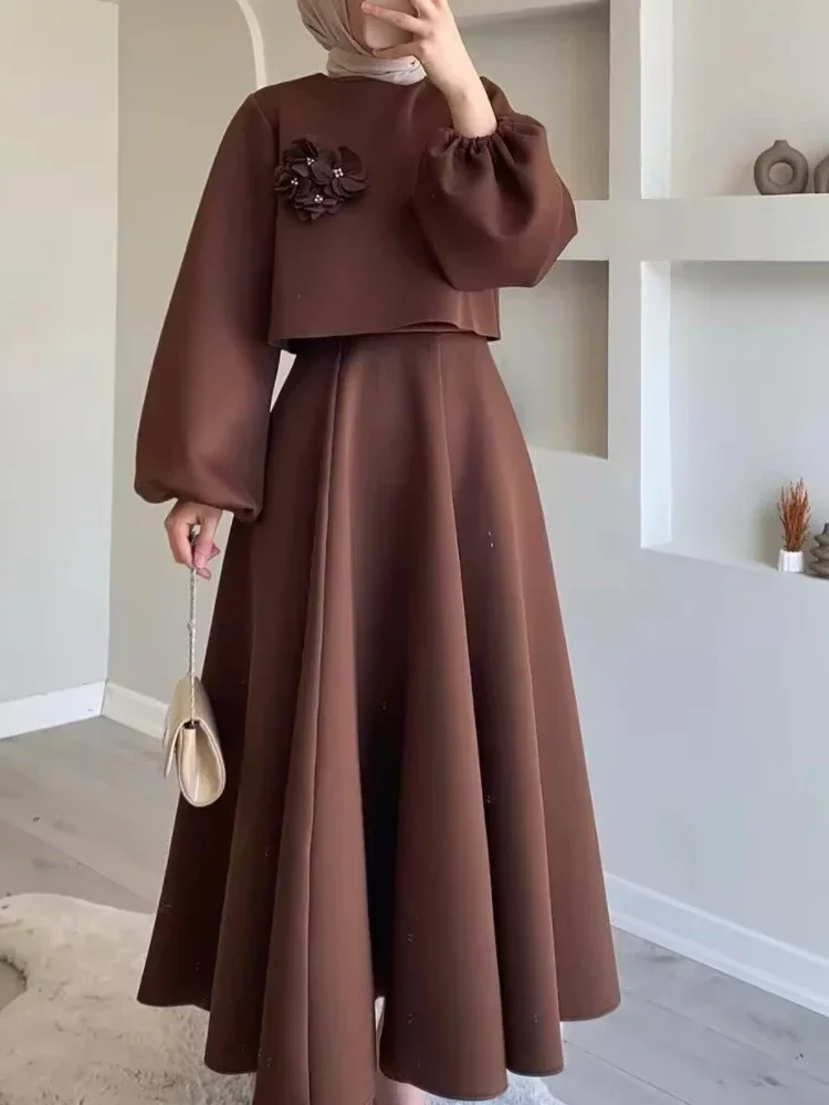 Ramadan Elegant 2 Piece Set Women Lantern Sleeve Flower Crop Top High Waist A-line Skirt Suit 2024 Spring Lady Abaya Turkey Sets