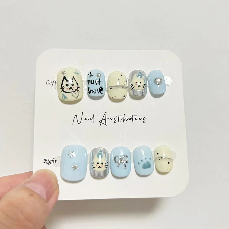 Handmade Kawaii Ins Unhas Postiças com Engraçado Design de Imagem Animal, Reutilizáveis Dicas de Unhas Cobertura Completa, Imprensa Curta nas Unhas, 10Pcs