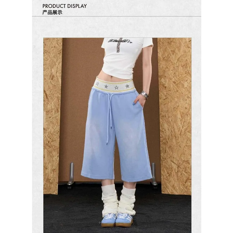American Retro Star Waist Spliced Women Cropped Pants Summer Drawstring Loose Casual Capri Trousers