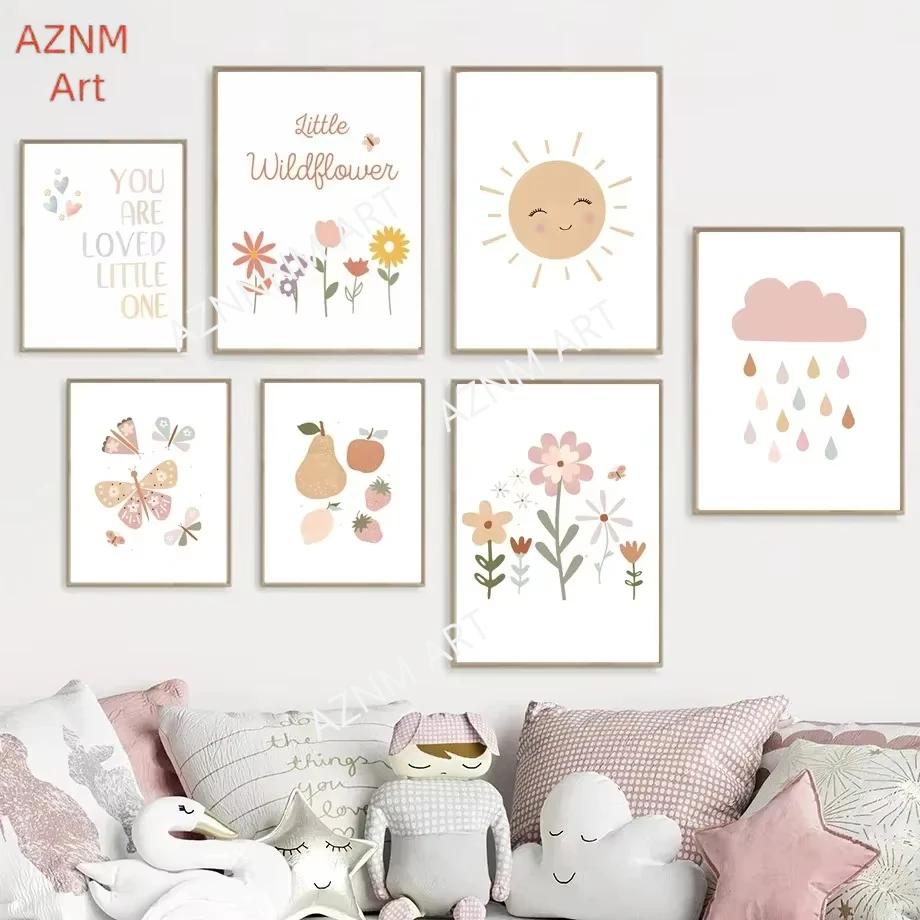 1PC ，Canvas Painting and Print Pictures Girl Pink Butterfly Flowers Wall Art Posters Cartoon Sun Cloud Rainbow Baby Bedroom